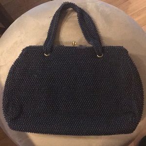 Navy blue beaded vintage purse with gold trim